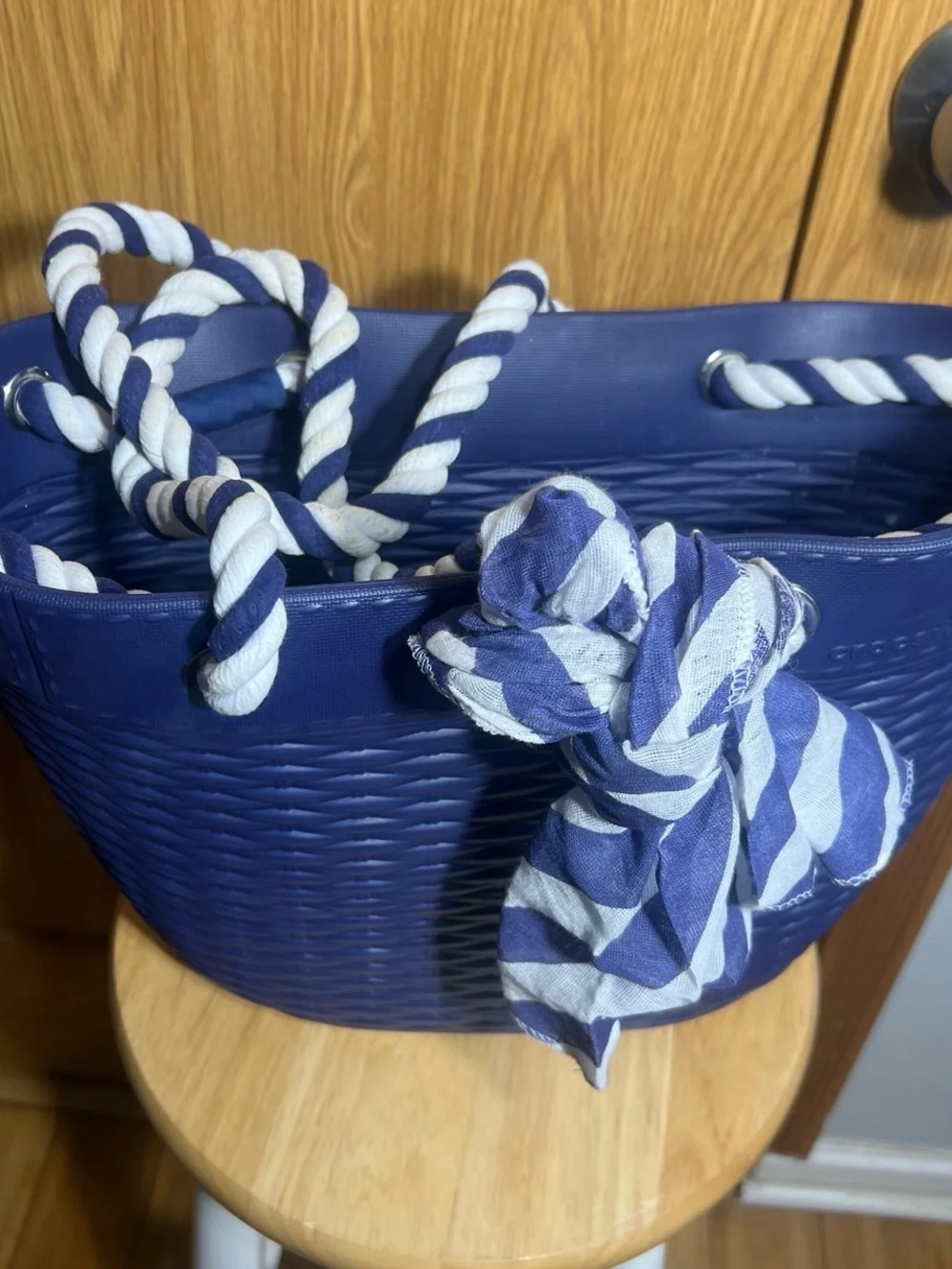 CROCS Navy Blue Woven Tote with Striped Rope Handles
